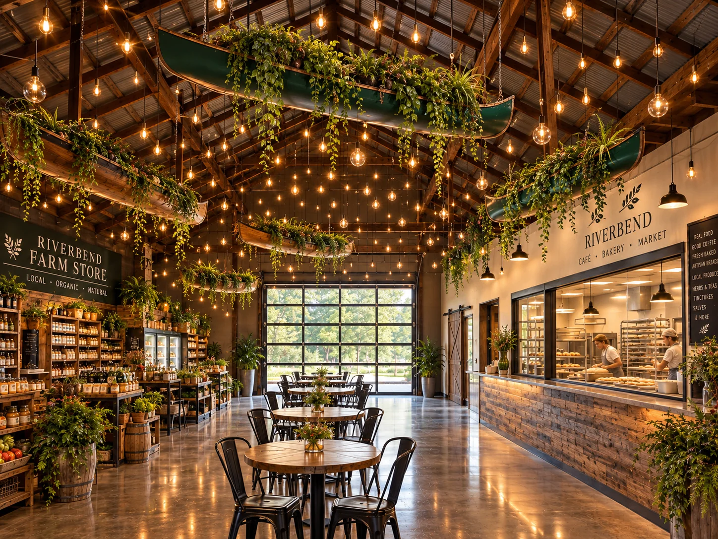 Concept rendering of the renovated interior: café tables under string lights and canoe planters, a farm store on one side and a bakery counter on the other
