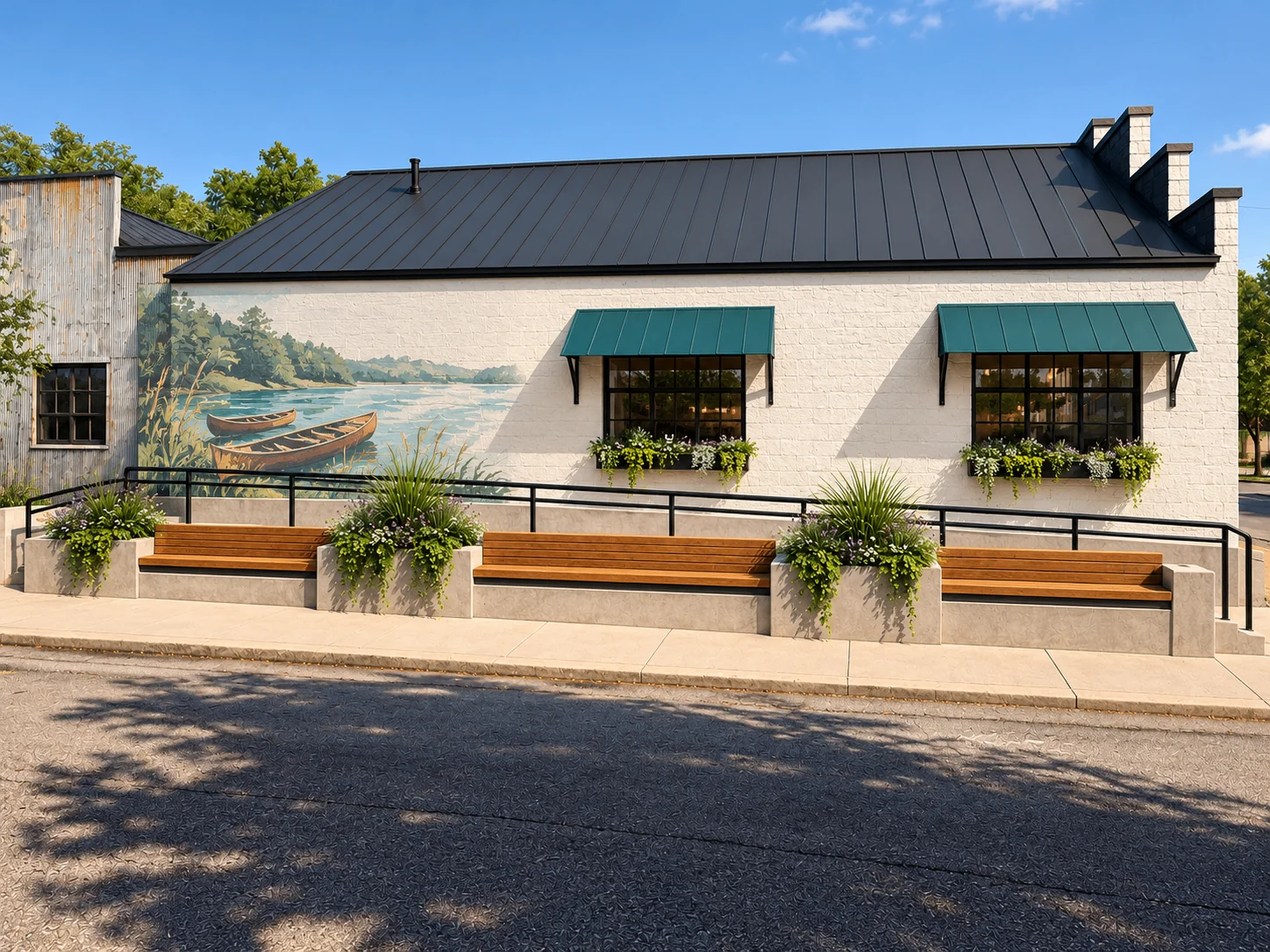 Concept rendering of the renovated side of the building: a river mural with canoes, teal awnings, flower boxes and built-in wooden benches
